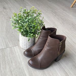 Brown ankle booties with side zippers